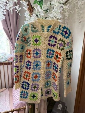 Cream Crochet Vintage Granny Square Cardigan Sweater with Multicolor Accents